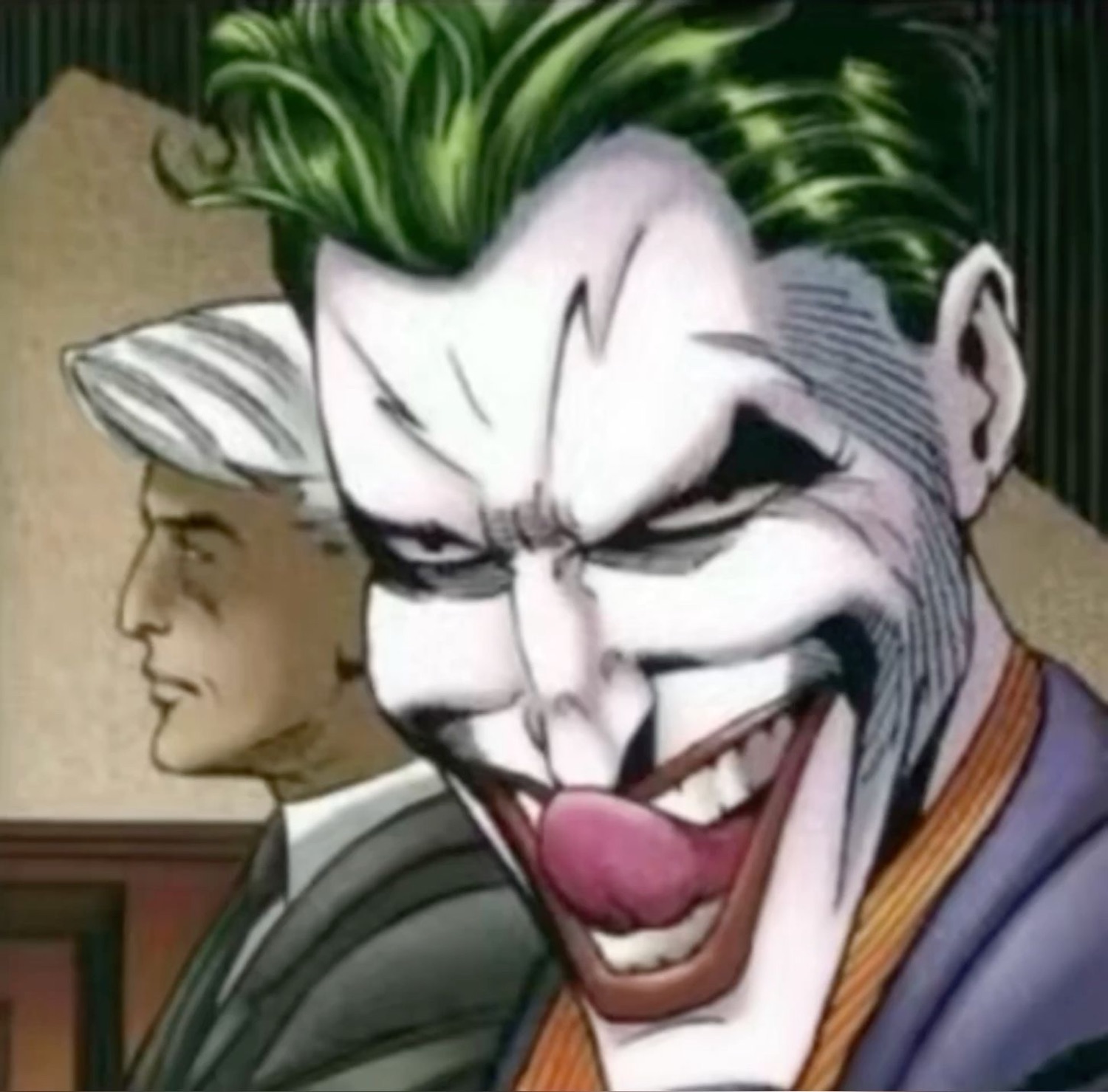 Comic-art Joker cackling with his tongue out while a man looks away