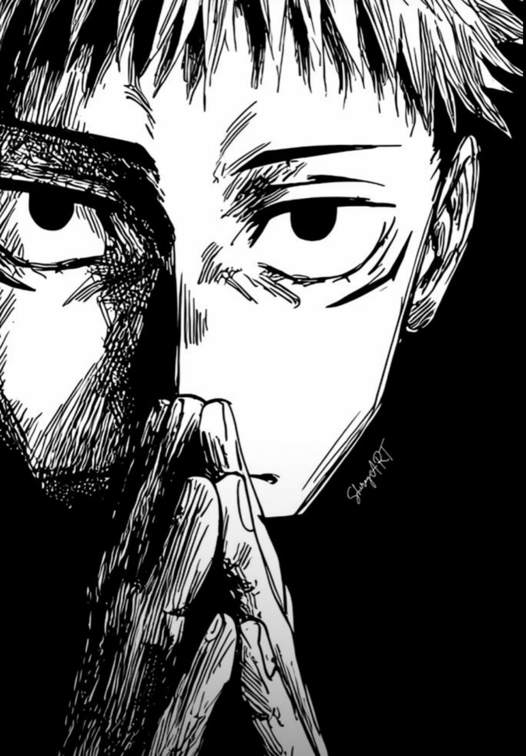Black-and-white manga close-up of a boy with hands clasped, staring dead ahead