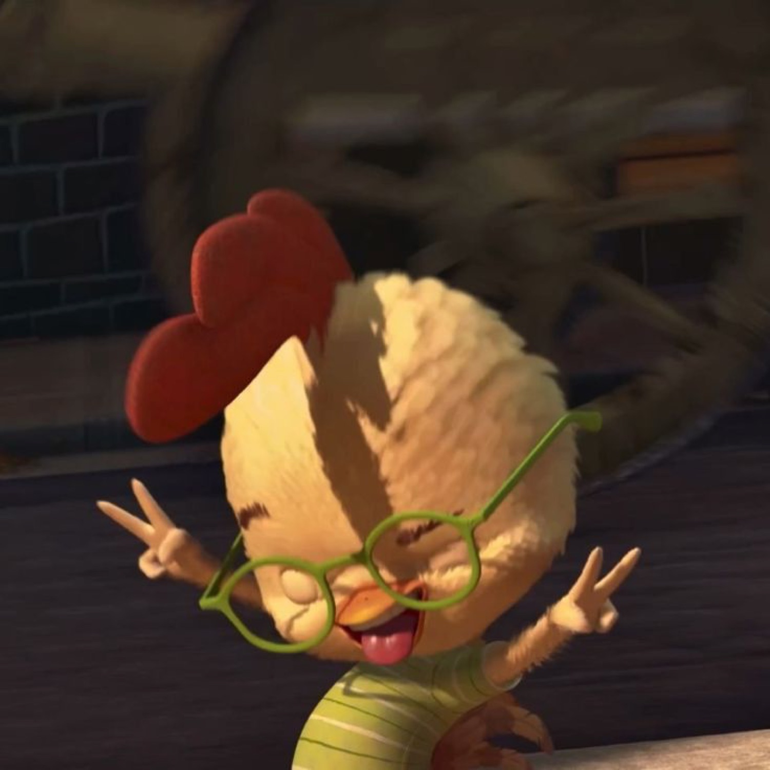 Chicken Little throwing double peace signs mid-celebration