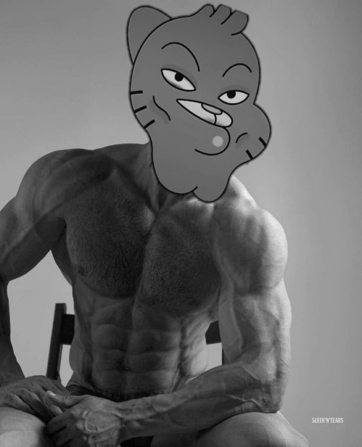 Gumball's cat face on a shirtless Gigachad body