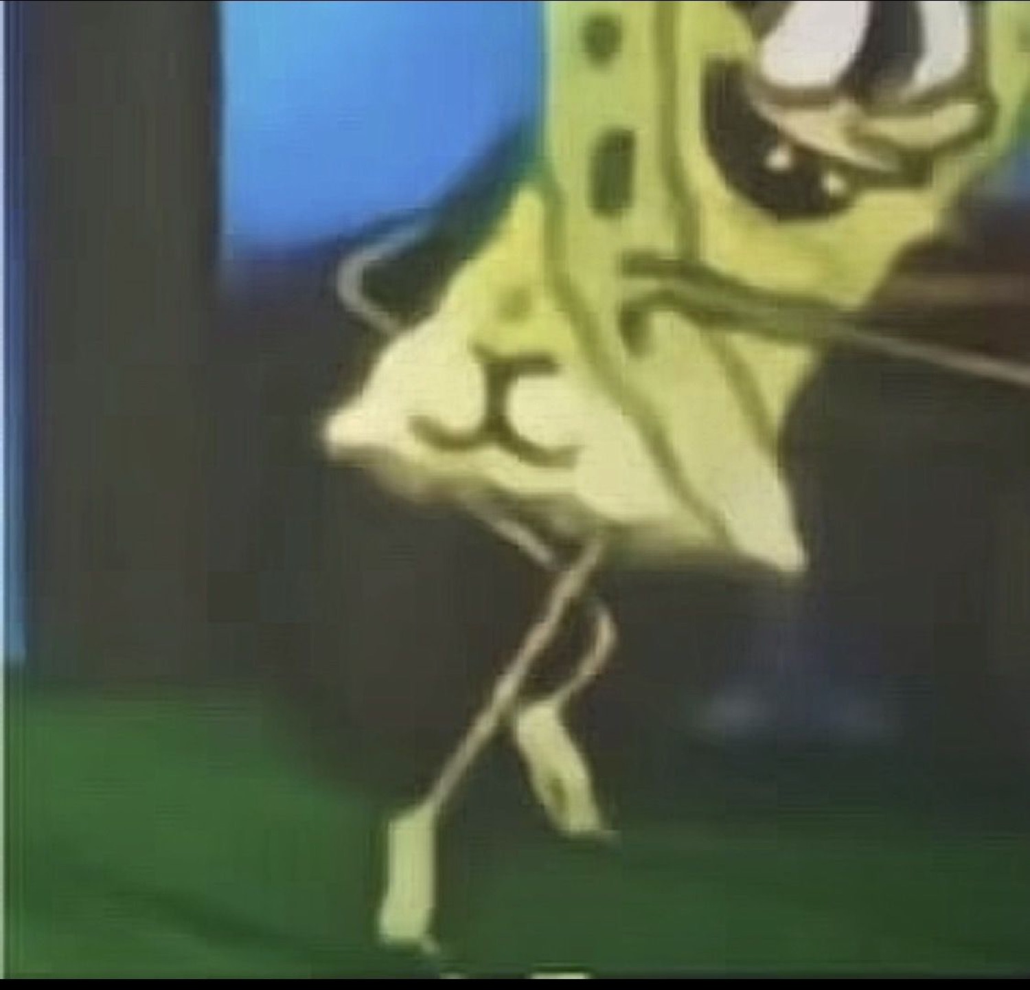 Blurry warped SpongeBob mid-motion looking distorted and off-balance