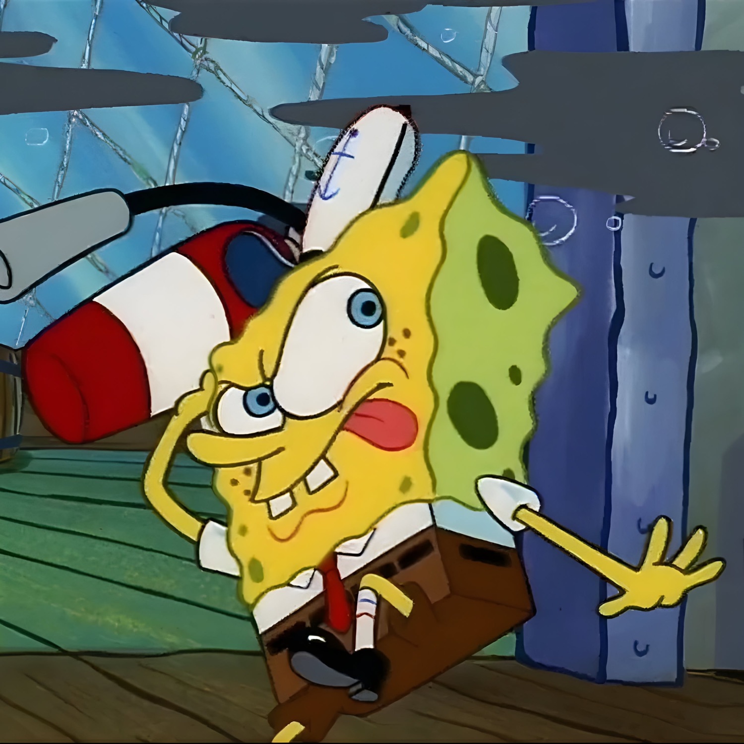 SpongeBob sticking his tongue out with crossed eyes, mid-mock