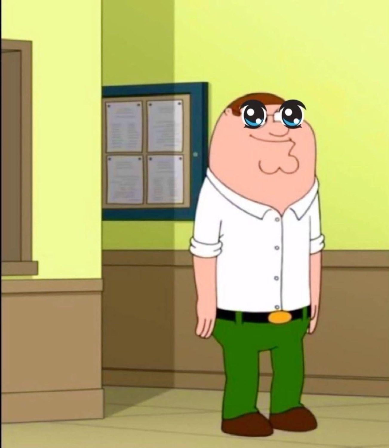 Peter Griffin edited with big sparkly anime eyes, looking hopeful in a hallway