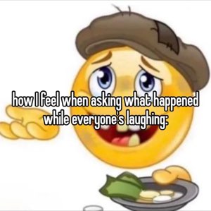 Crying emoji wearing a beret holding out a plate with text about asking what happened while everyone laughs