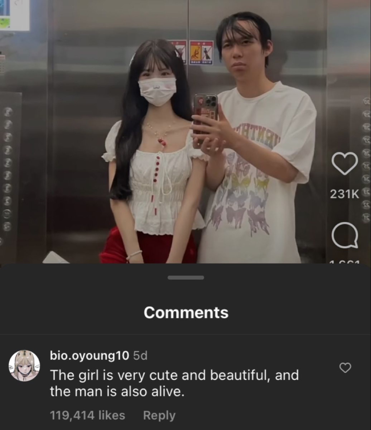 Elevator mirror selfie couple with 231K likes and a viral comment: 'the man is also alive'