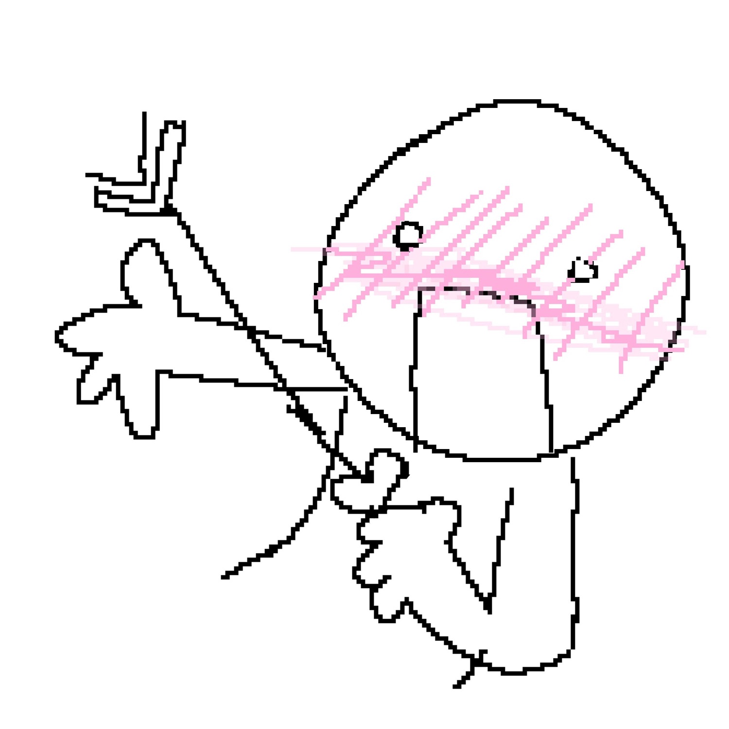 Crude stick figure with a blushing blank face pointing off to the side