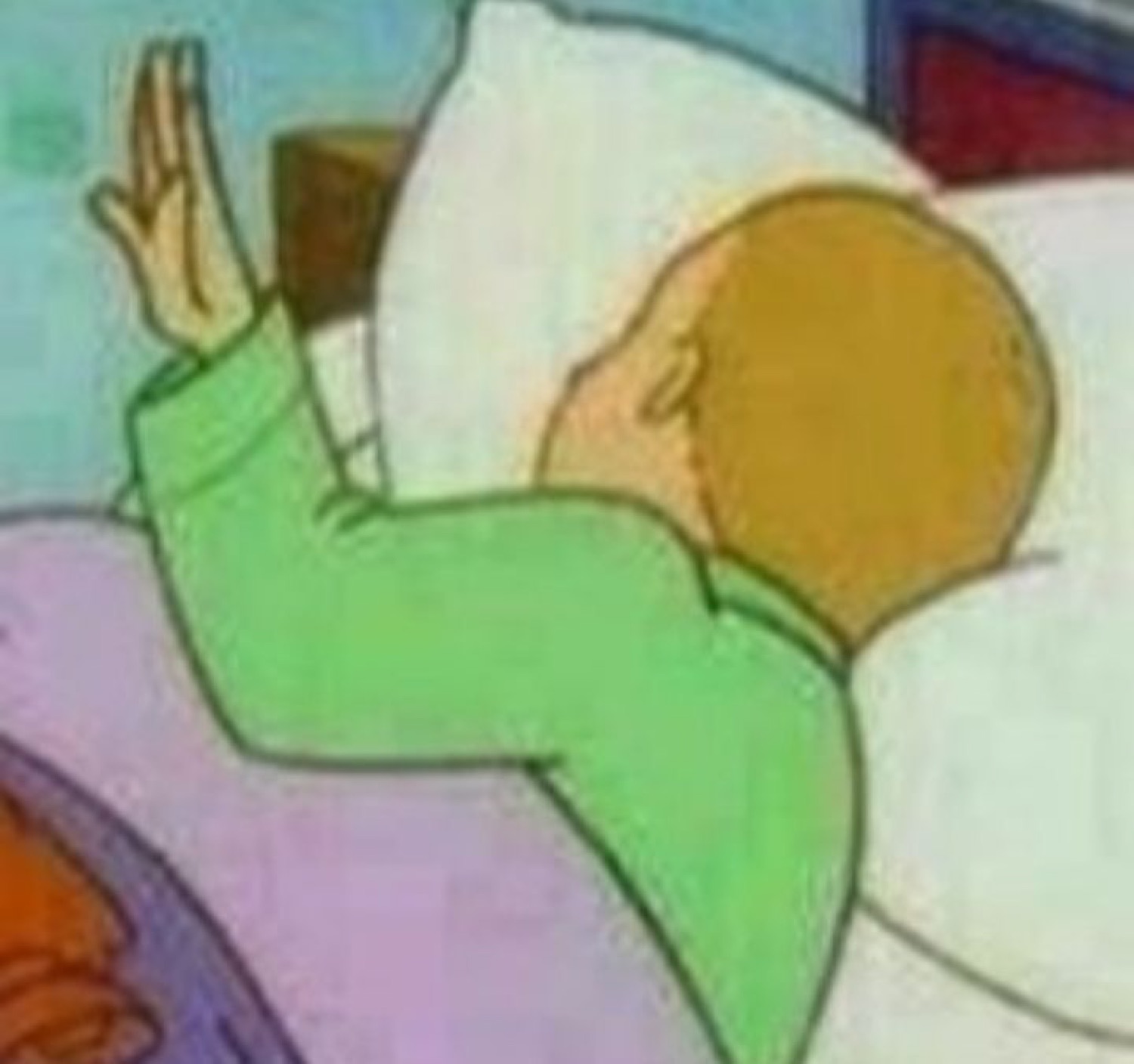 Bald cartoon figure lying in bed staring at his raised hand, deep in thought