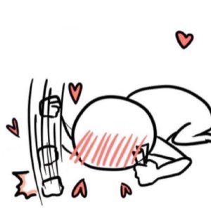 Cute chibi anime-style drawing of a character bowing in delight surrounded by red hearts
