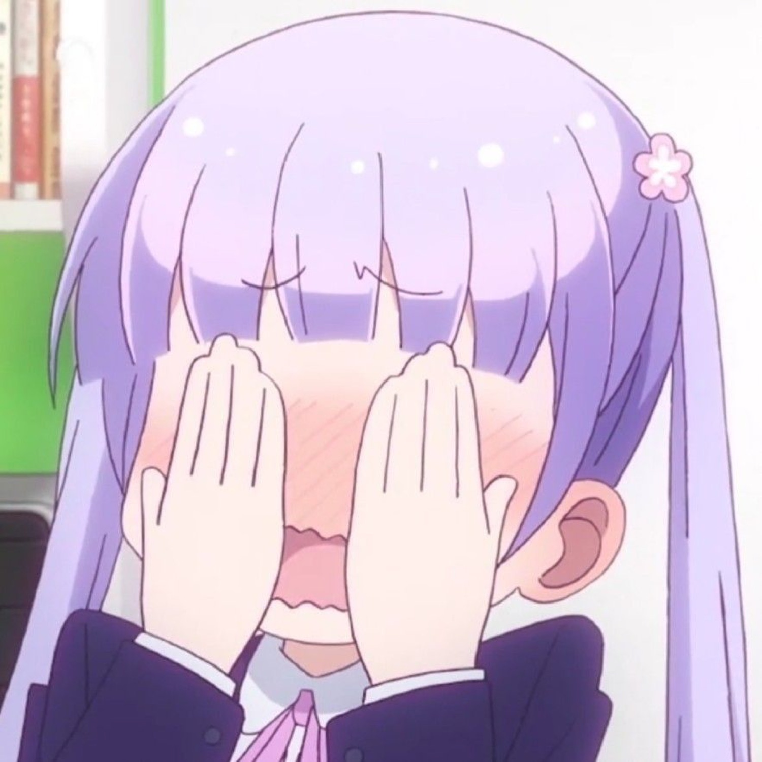 Purple-haired anime girl hiding her blushing face behind both hands