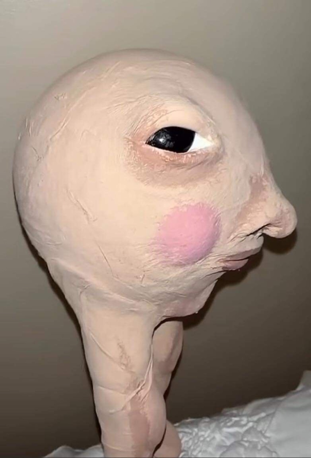 Bald, egg-shaped prosthetic head with one visible eye and a blushed cheek