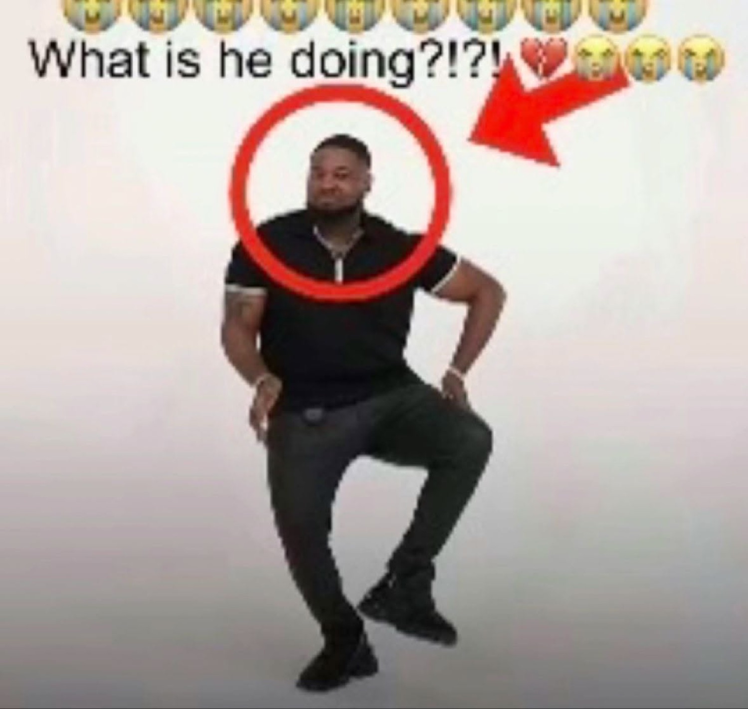 Man doing an odd pose, face circled with an arrow, captioned 'What is he doing?!?!'