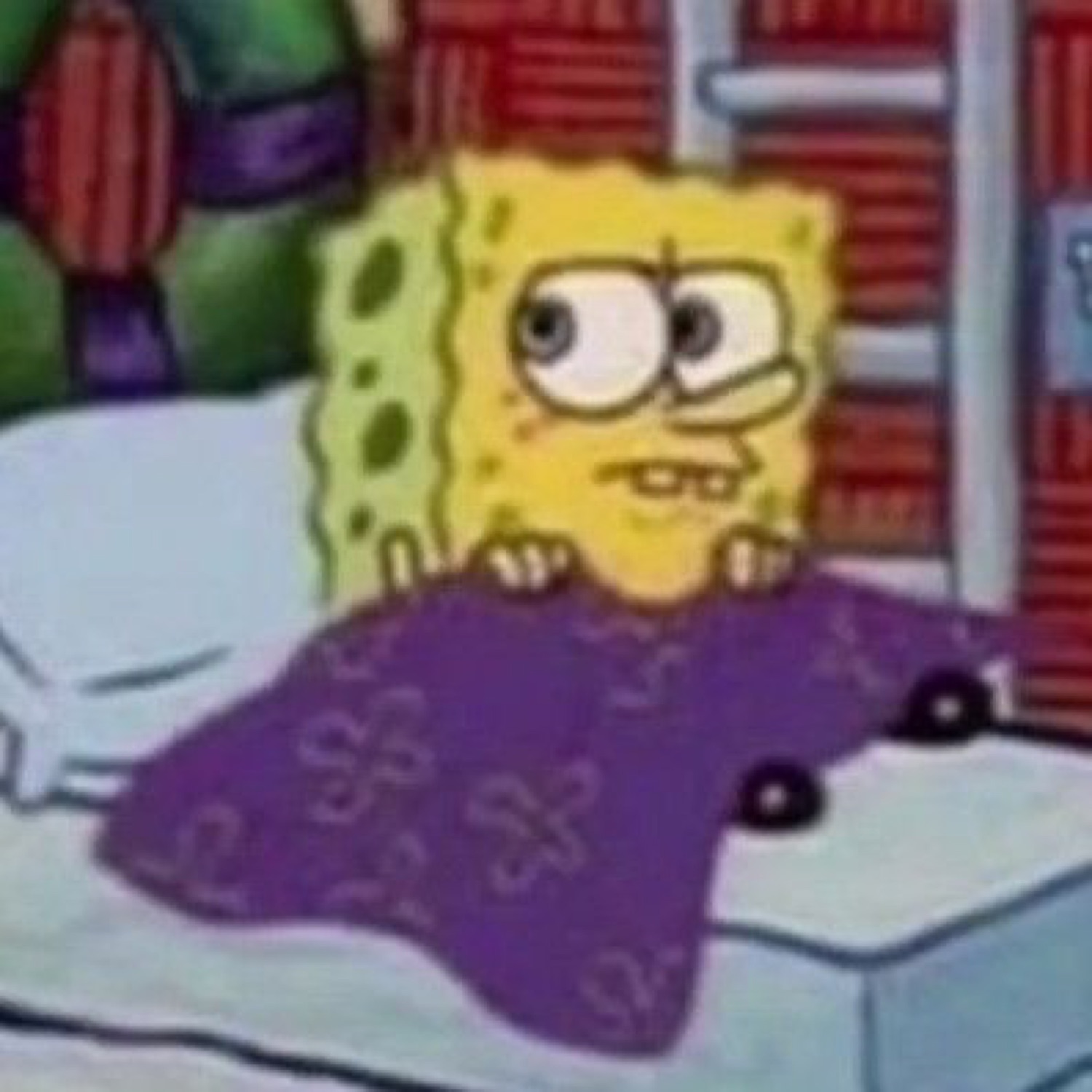 SpongeBob sitting up in bed with a tense, awkward grimace