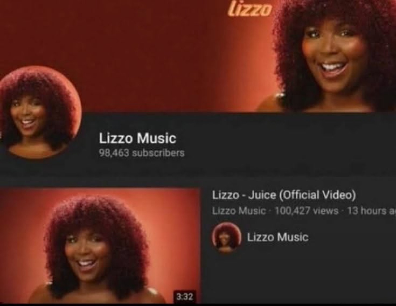 Screenshot of Lizzo's YouTube channel just before hitting 100k subscribers, Juice video gaining views