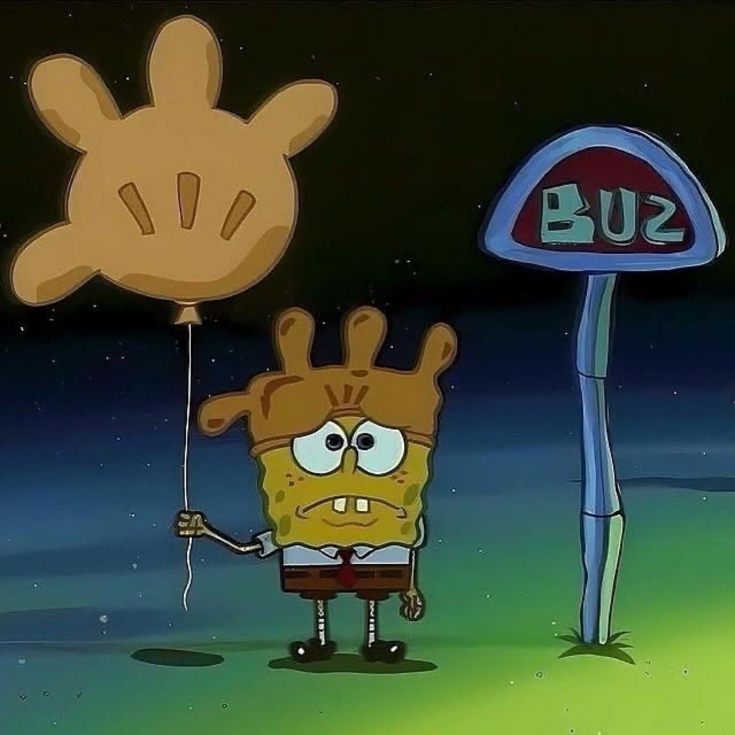 SpongeBob standing alone at a bus stop at night, holding a sad balloon, looking defeated