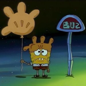 SpongeBob standing alone at a bus stop at night, holding a sad balloon, looking defeated