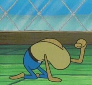 SpongeBob character hunched over with head down in total defeat, fully given up