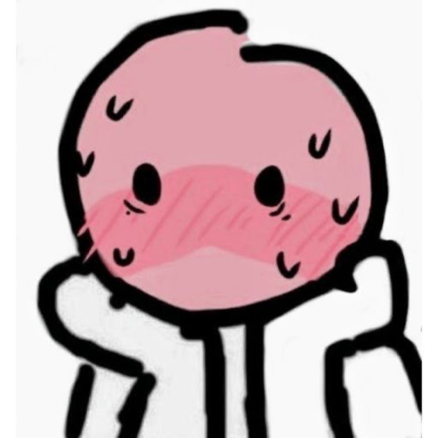 Tiny pink cartoon blob character blushing hard with hands over its face