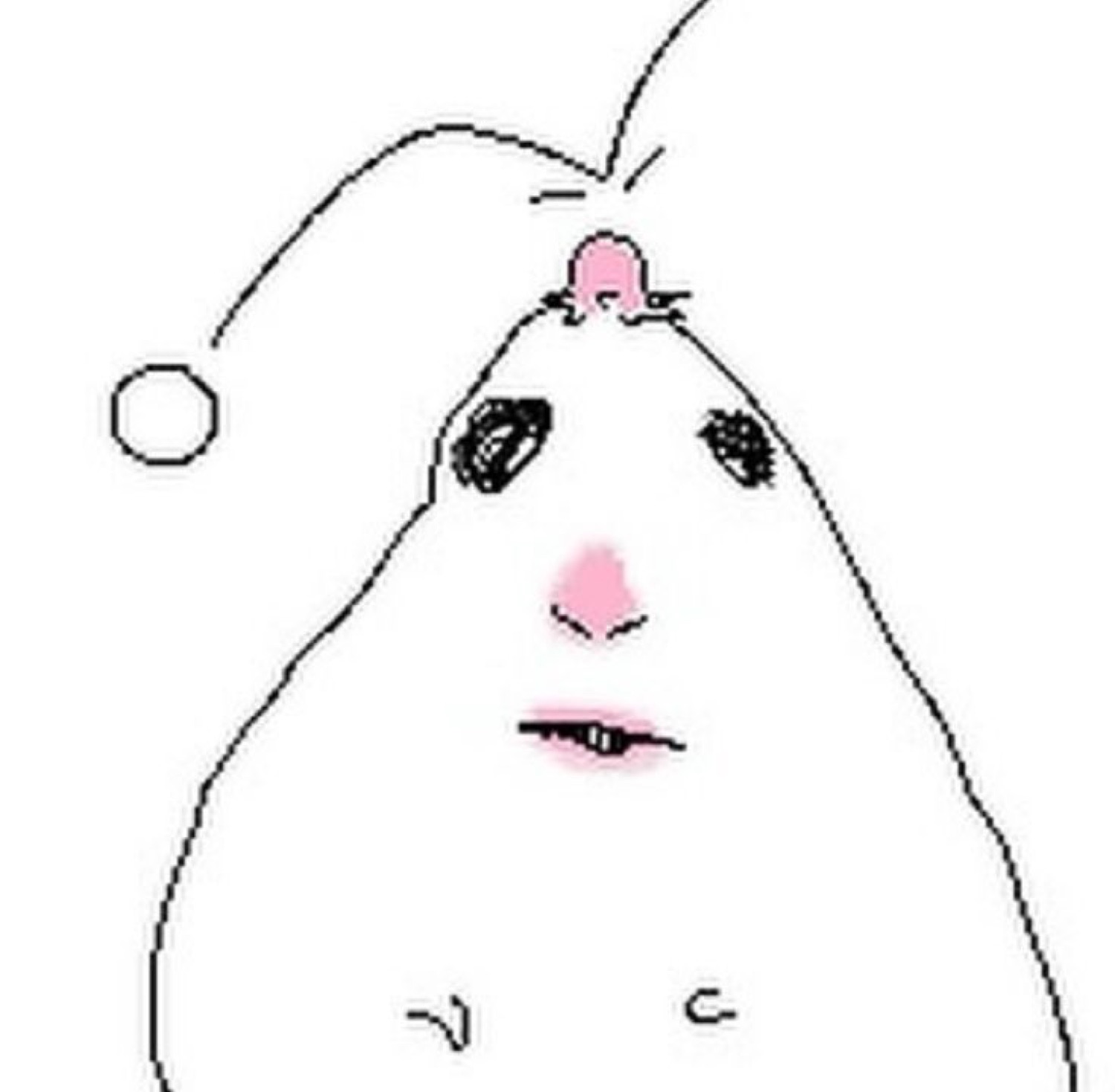 Doodle blob creature with swirly dark eyes and a tiny embarrassed blush