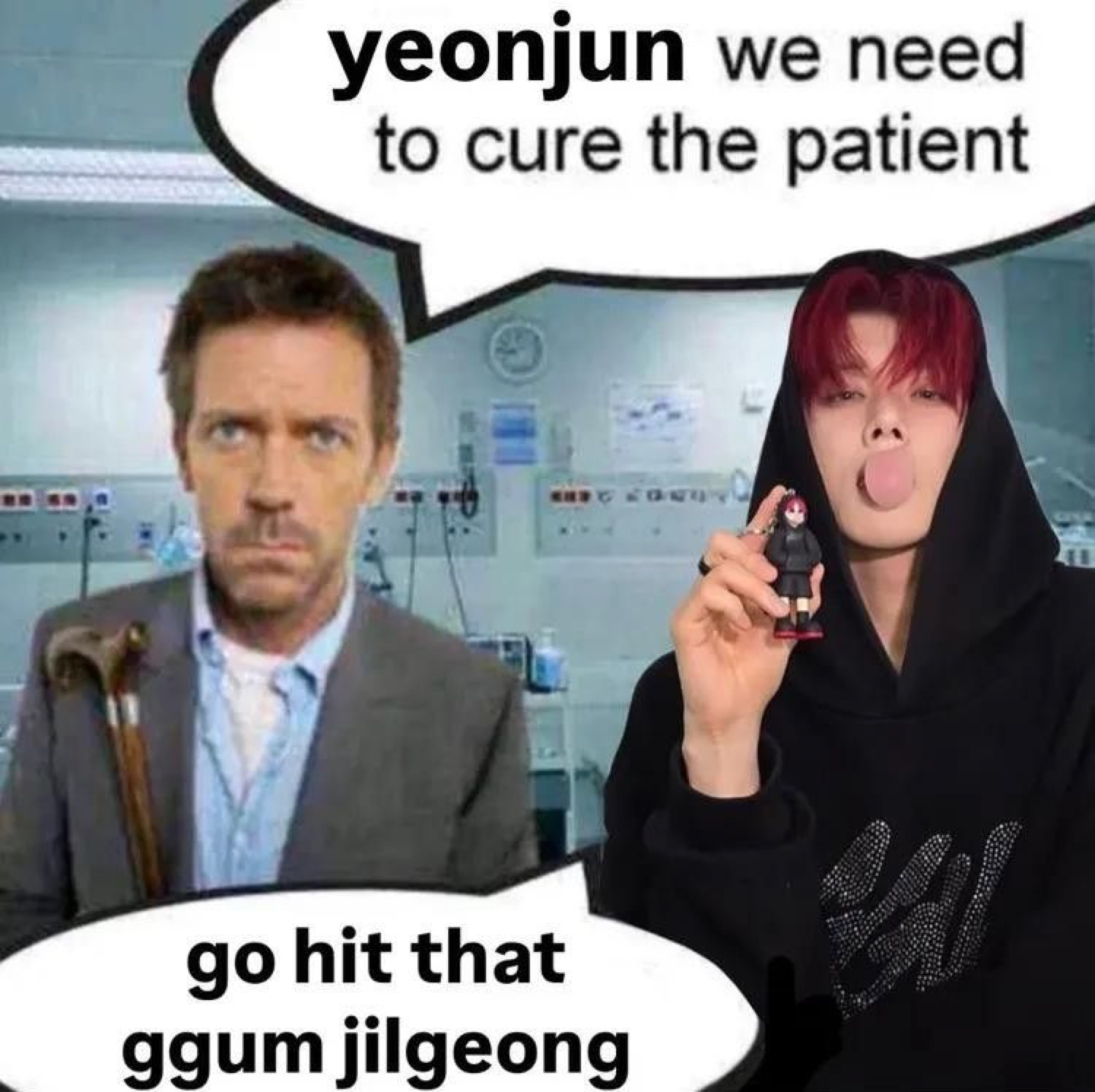 Hugh Laurie as Dr. House next to a K-pop idol making a silly face, absurd hospital meme