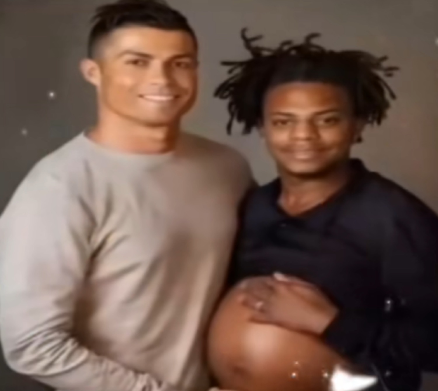 Cristiano Ronaldo smiling beside IShowSpeed edited with a pregnant belly