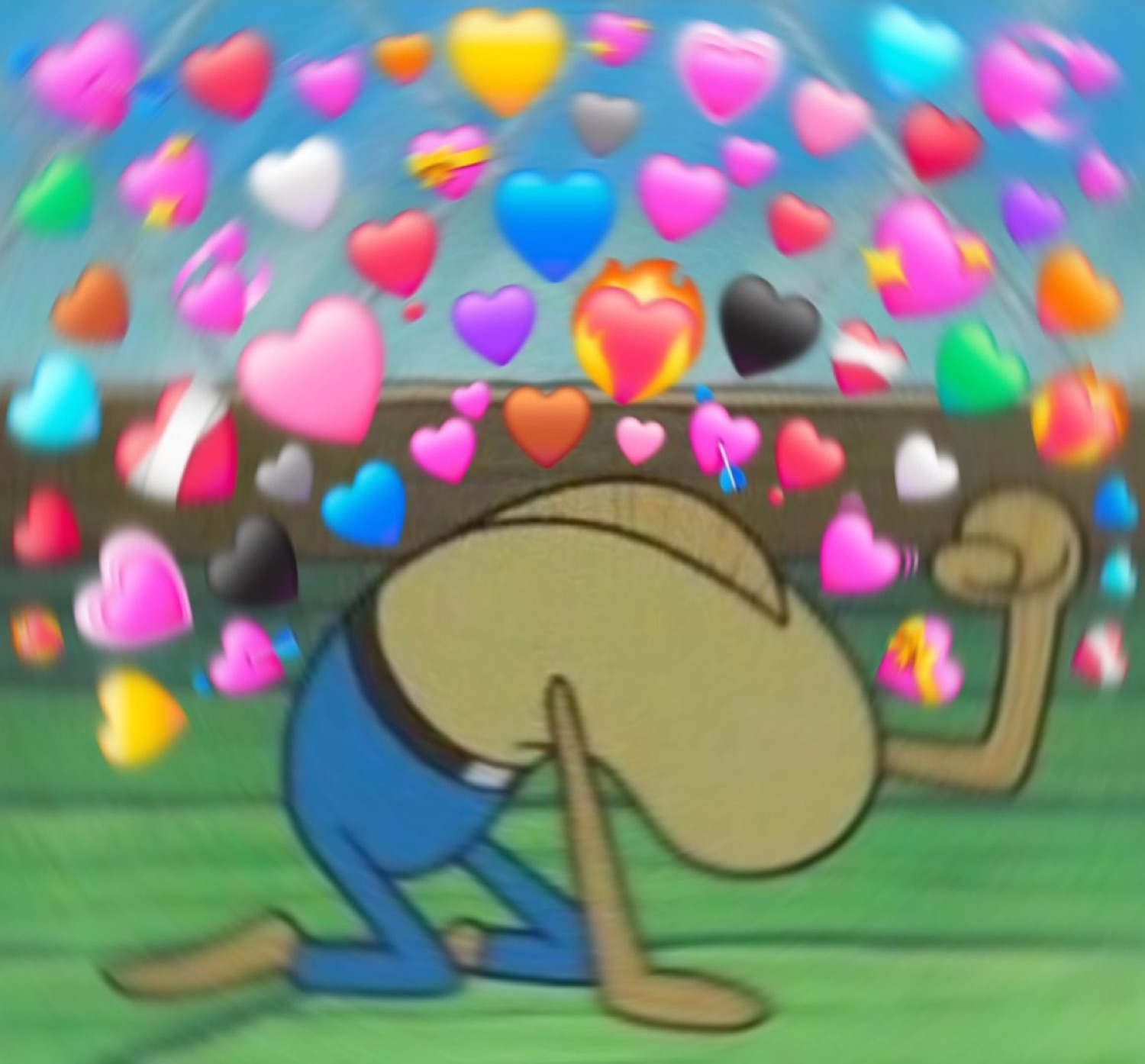 Cartoon character kneeling and overwhelmed by a shower of colorful heart emojis raining down