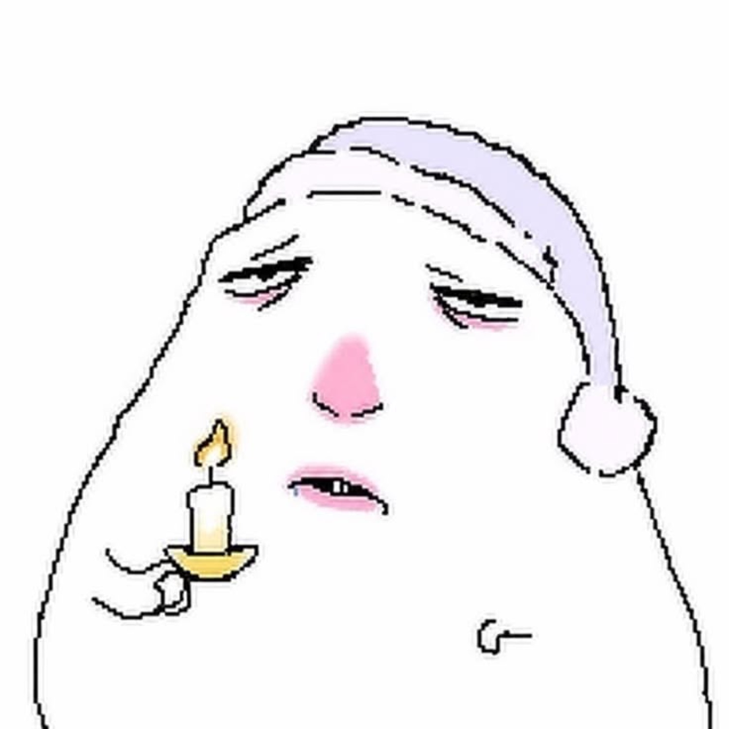 Pixelated doodle face in a nightcap holding a candle, looking sleepy and sad