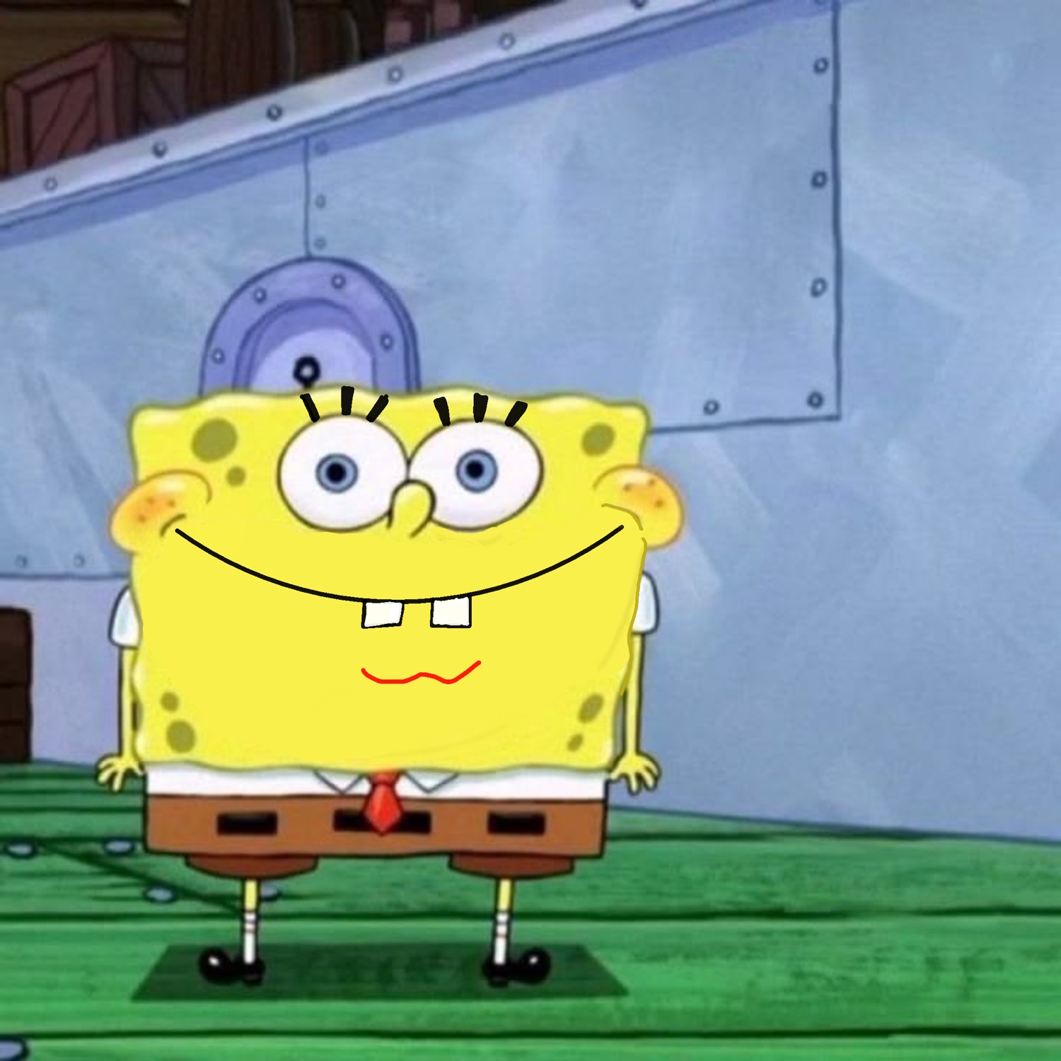 SpongeBob grinning with a goofy, too-wide smile and spiky eyelashes