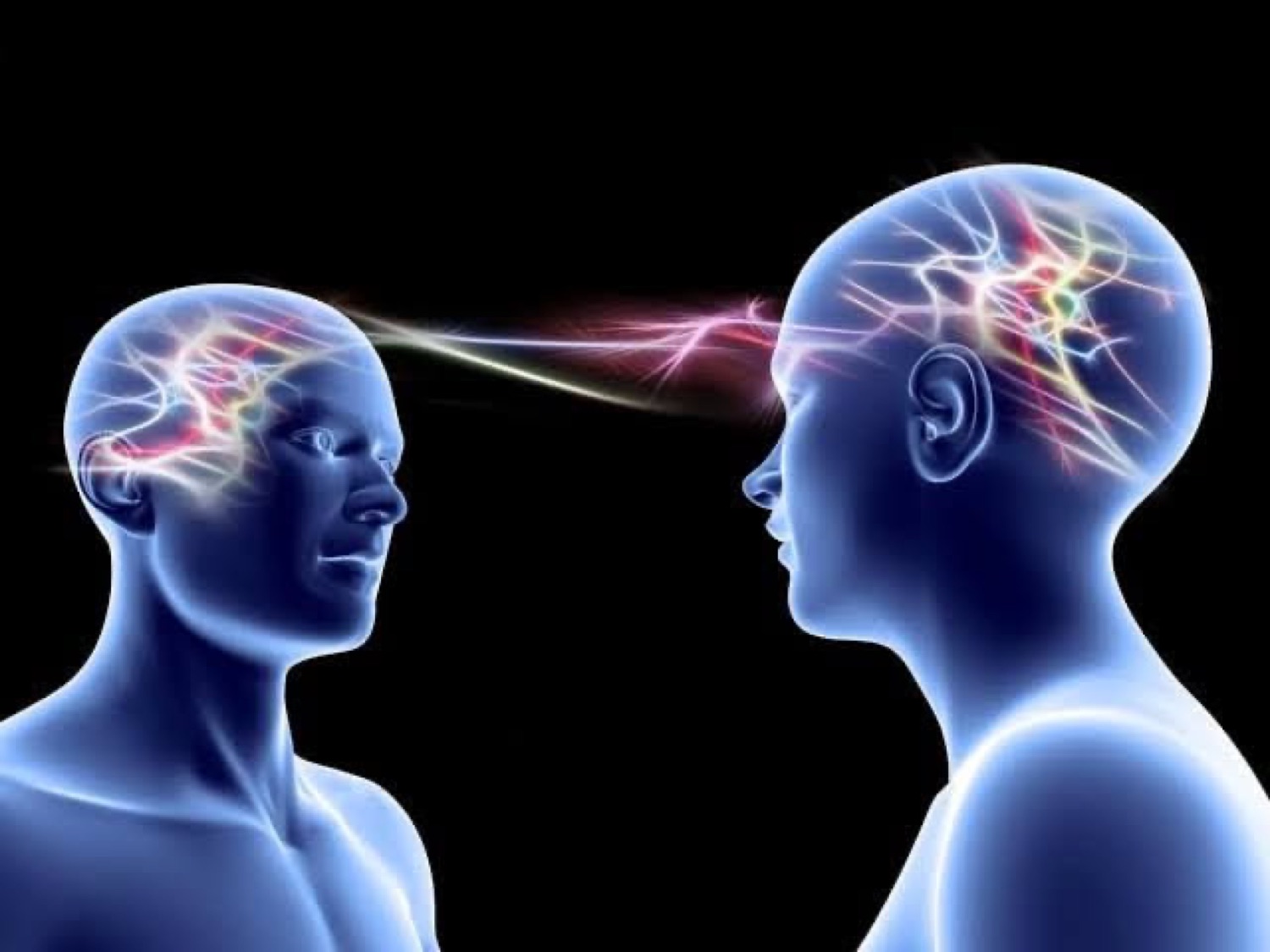 Two glowing 3D heads facing off with brain waves beaming between them