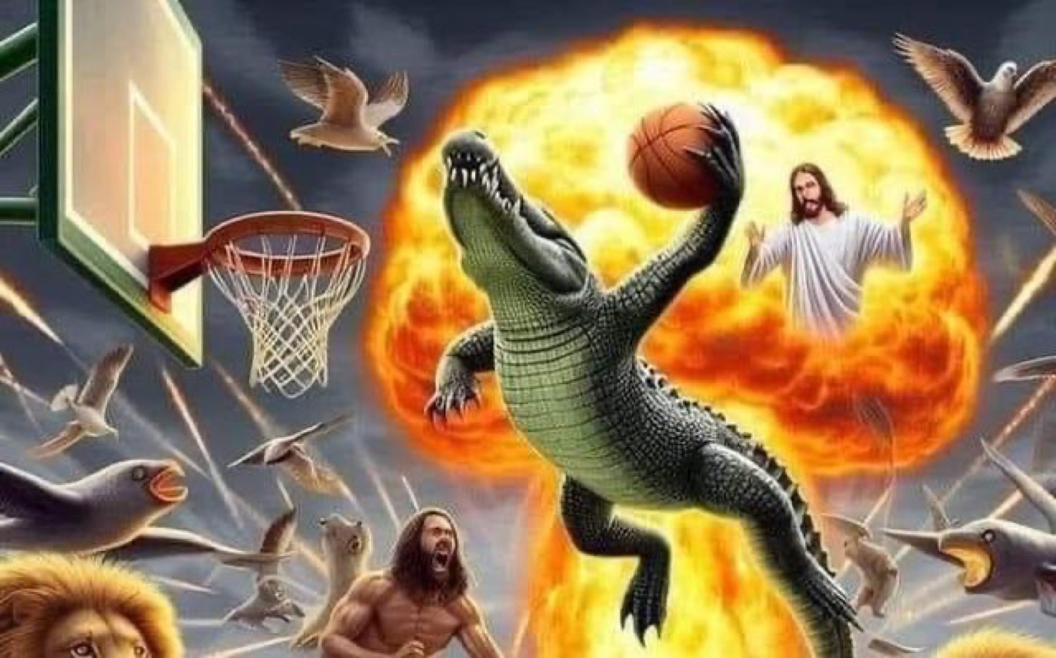 Alligator slam-dunking a basketball over an explosion while Jesus and birds fly behind