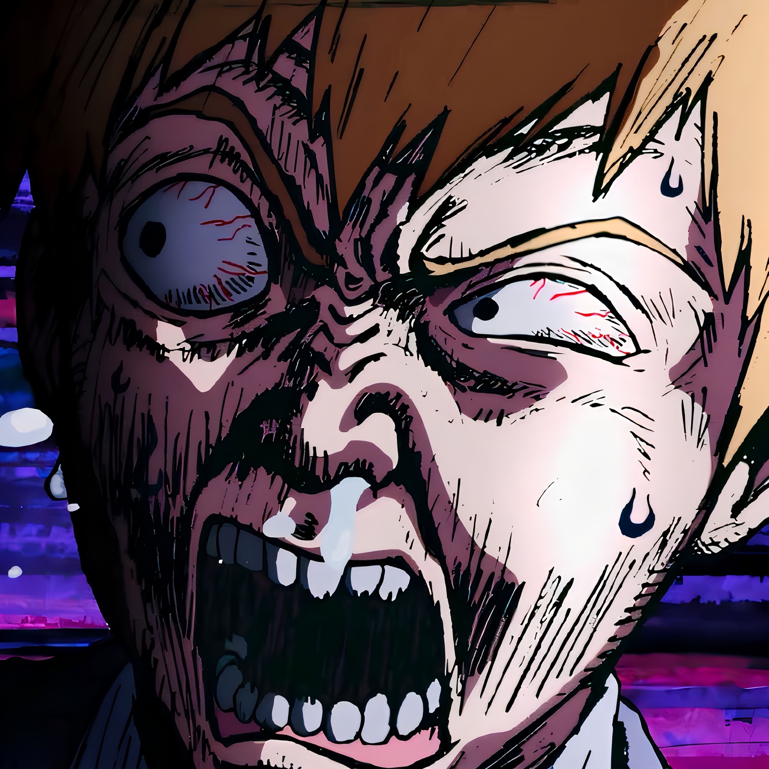 Anime close-up of a sweating, bug-eyed face frozen mid-horrified yell