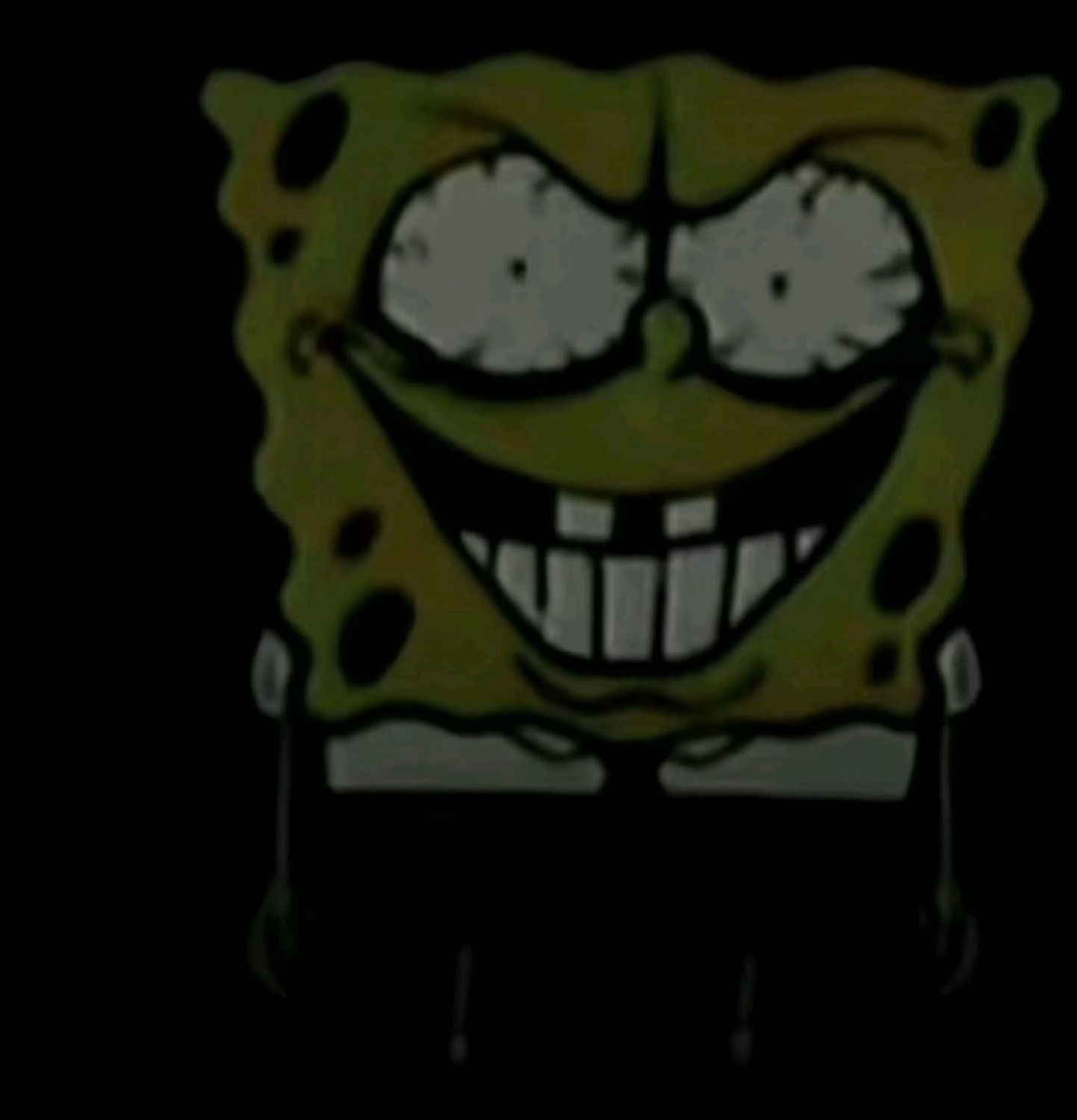 Dark, distorted SpongeBob with a huge creepy grin and wide eyes