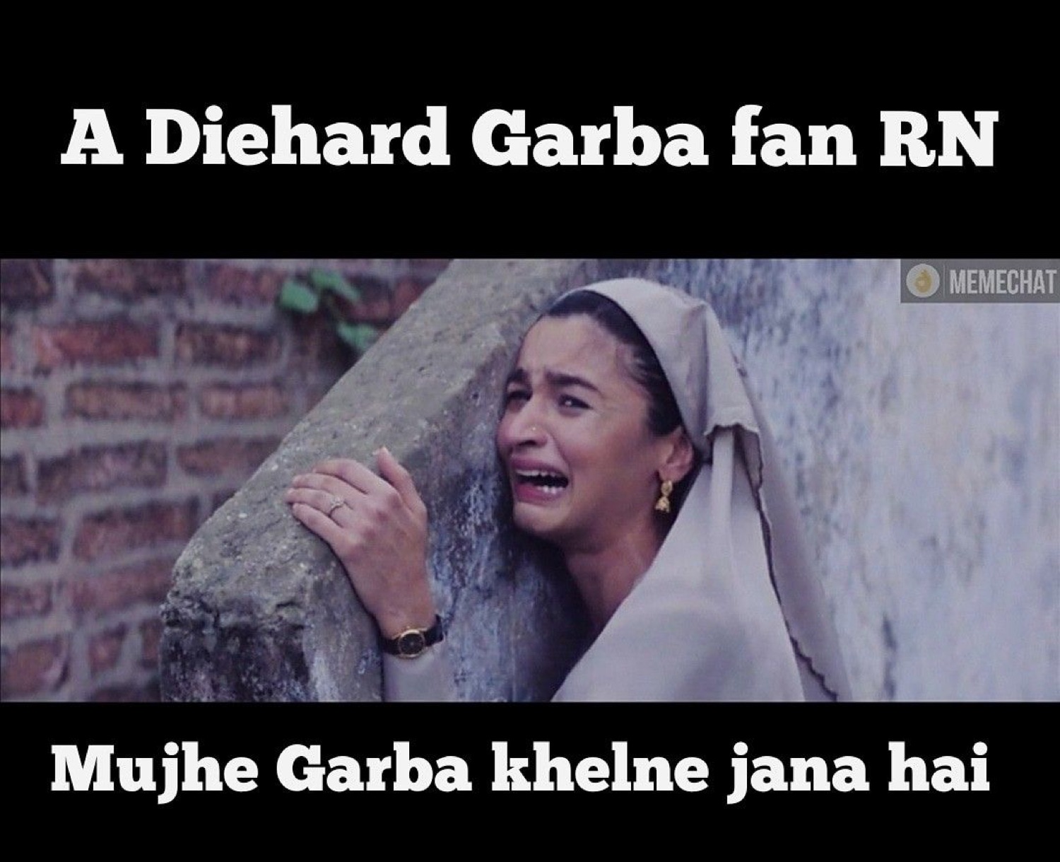 Alia Bhatt sobbing against a wall: 'A Diehard Garba fan RN / Mujhe Garba khelne jana hai' (I want to go play garba)