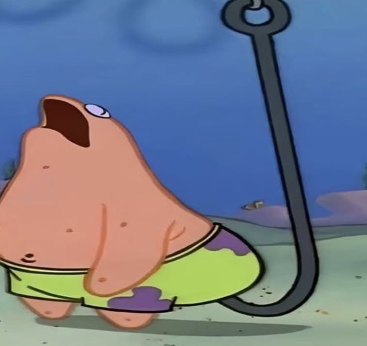 Patrick Star screaming with one eye open, cowering next to a fishing hook