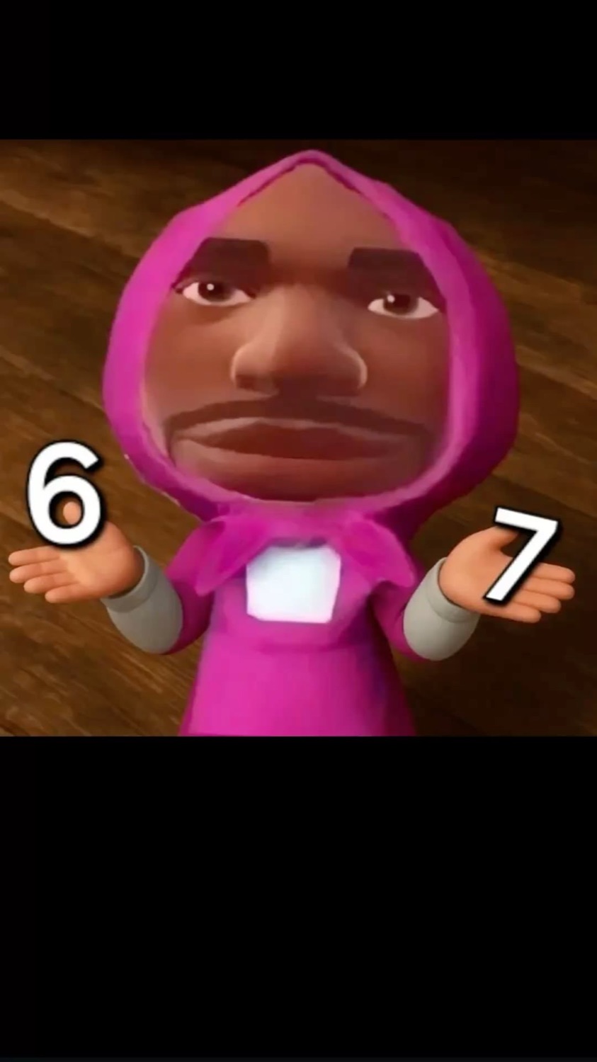 3D cartoon man in a pink hoodie shrugging with '6' and '7' in his hands