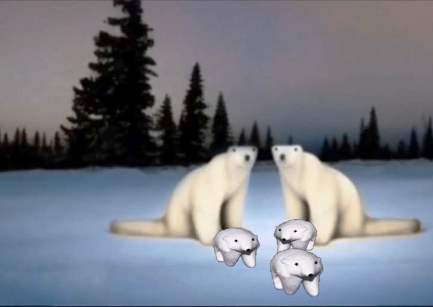 Two Polar Bear 2026 bears facing each other with tiny cubs at dusk