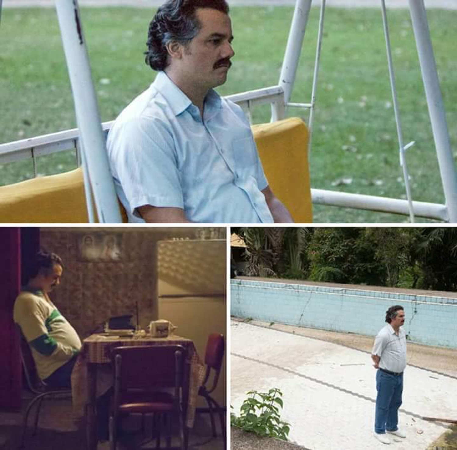 Man sitting alone on a playground swing looking utterly dejected and bored
