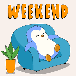 Penguin stretched out on a blue armchair, "Weekend"