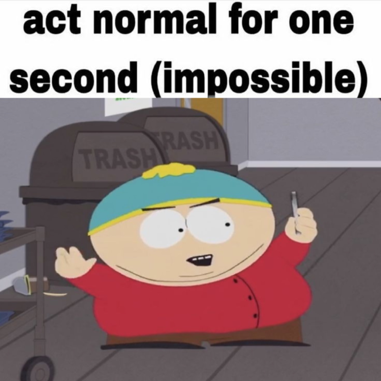 Cartman from South Park raising a finger by the trash cans under 'act normal for one second (impossible)'