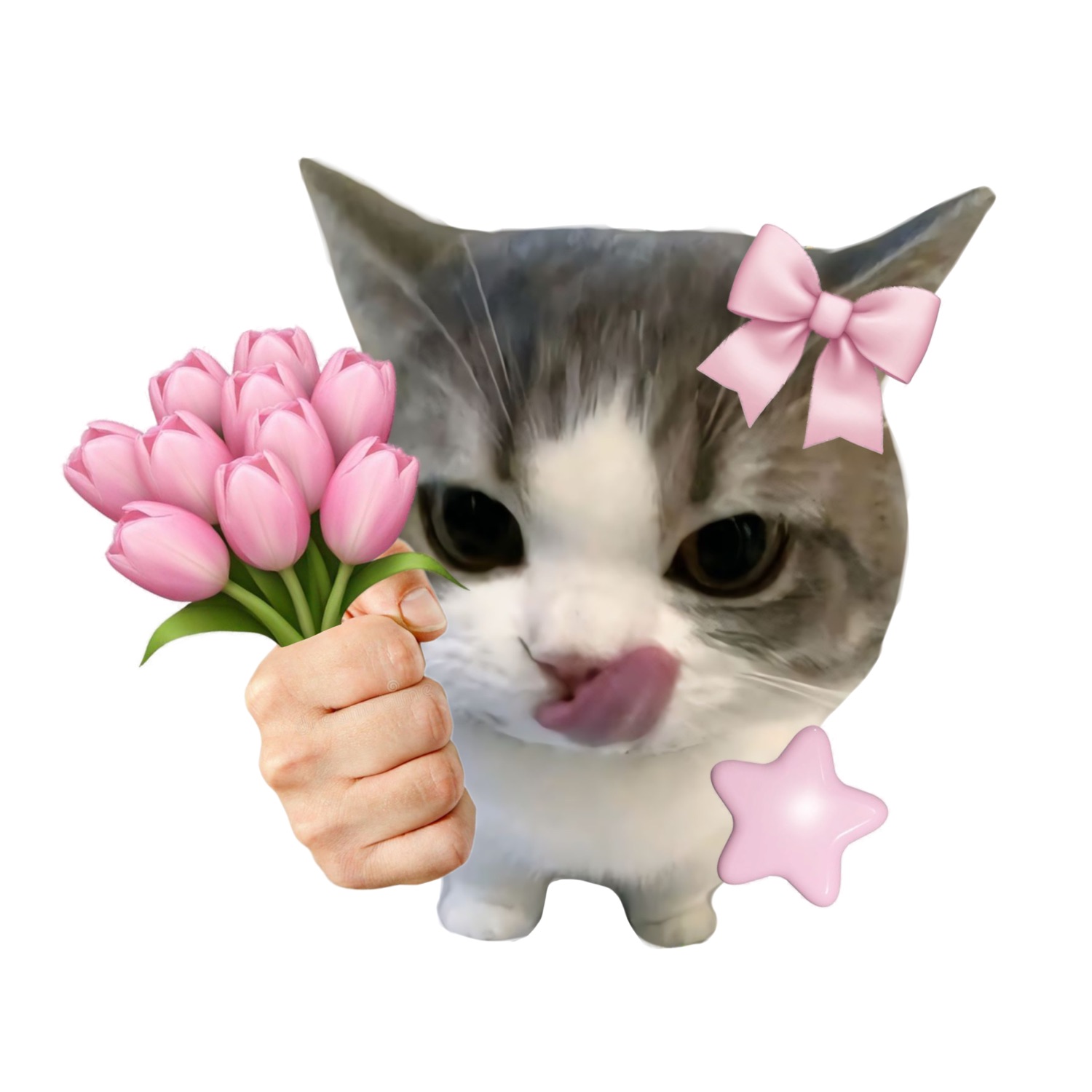 Cute grey cat with a pink bow offering a bouquet of pink tulips with big sad eyes