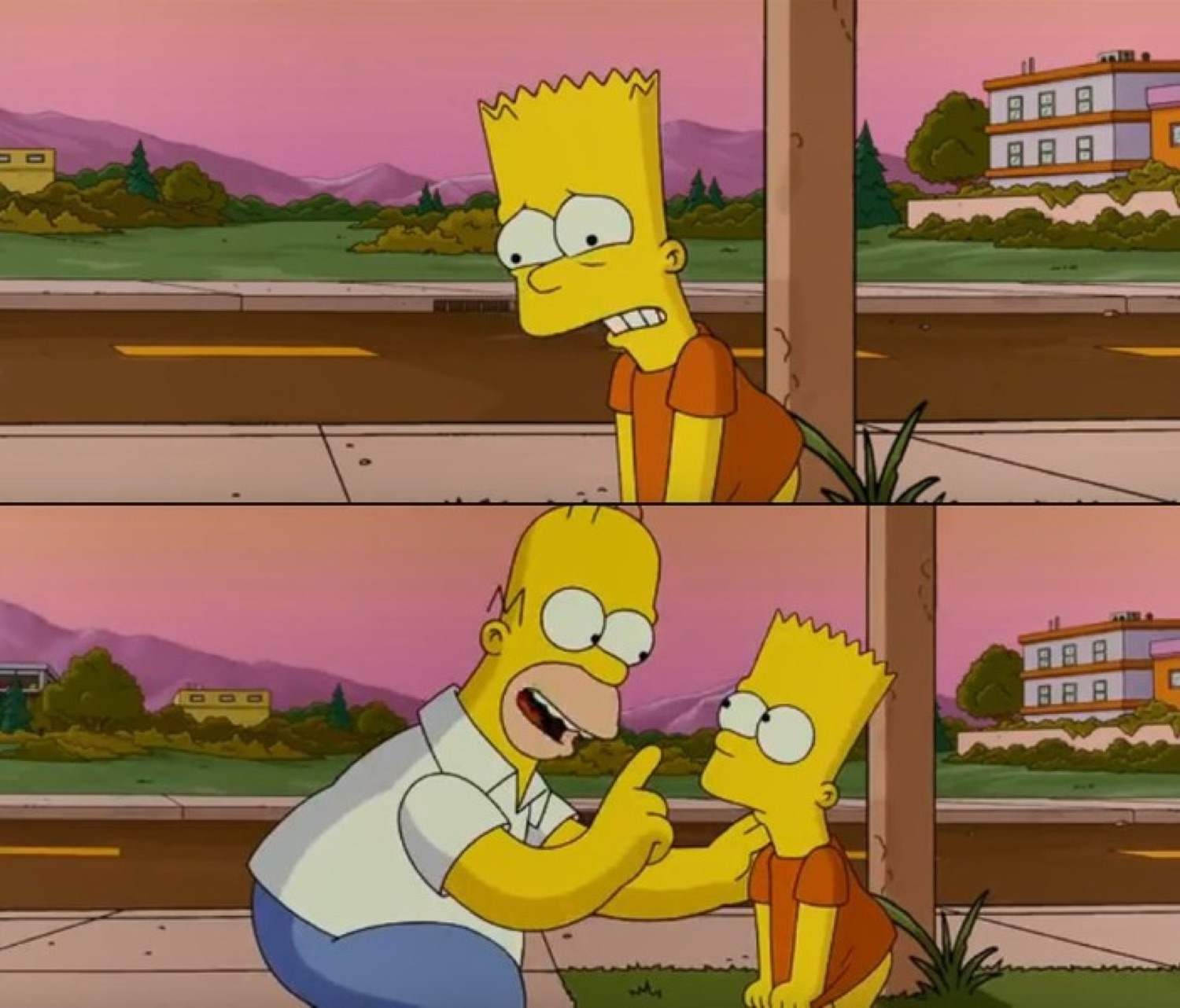 Homer chasing Bart in a two-panel Simpsons scene, Bart peeking nervously then getting cornered