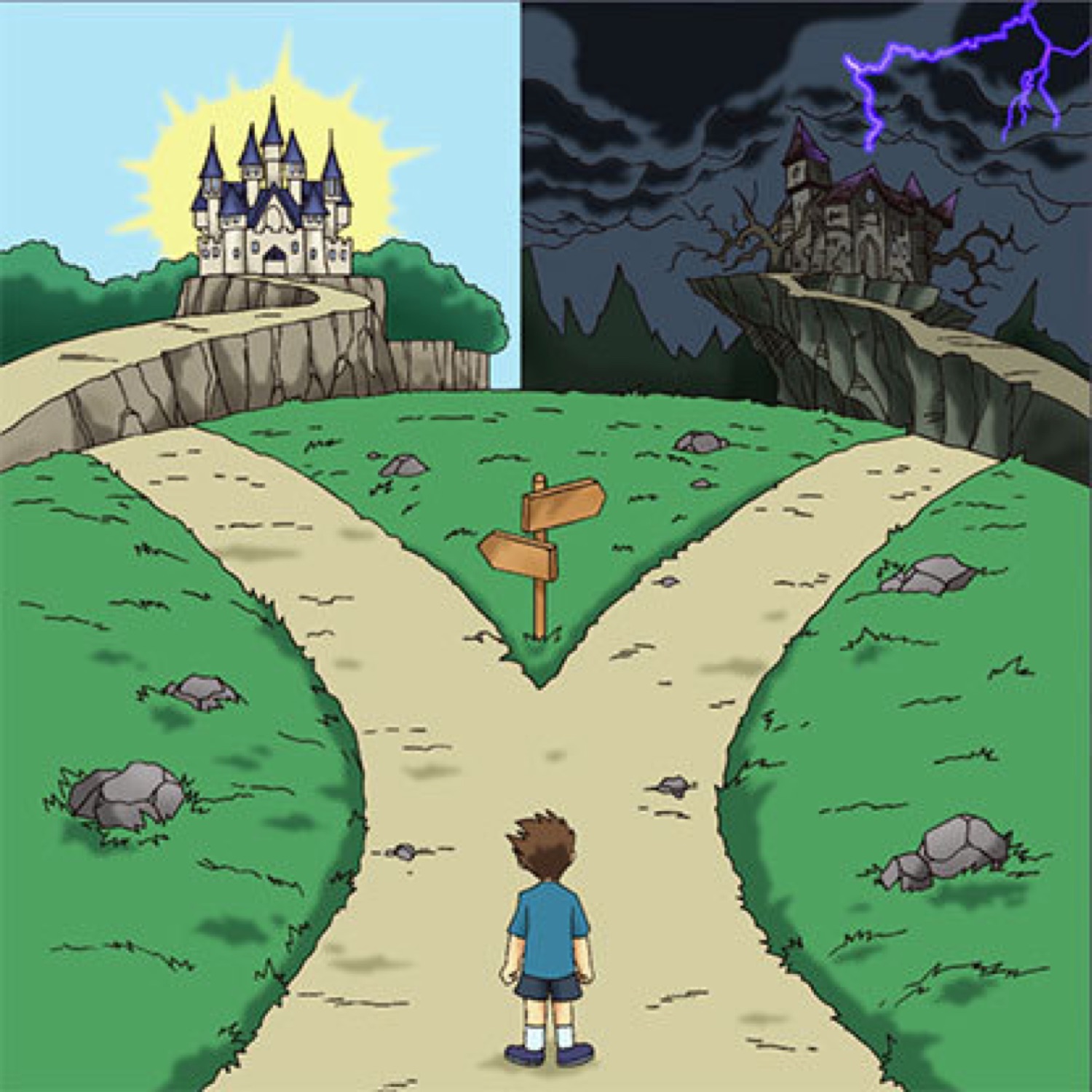 Cartoon boy standing at a fork in the road between a sunny fairy-tale castle and a dark spooky one