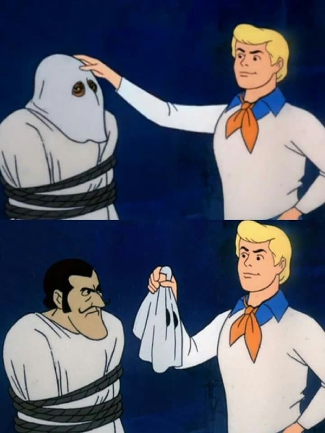 Scooby-Doo unmasking reveal panel with Fred smugly holding the sheet