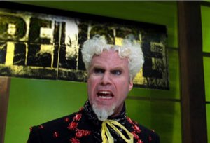Will Ferrell as Mugatu in a white wig baring his teeth in an angry snarl