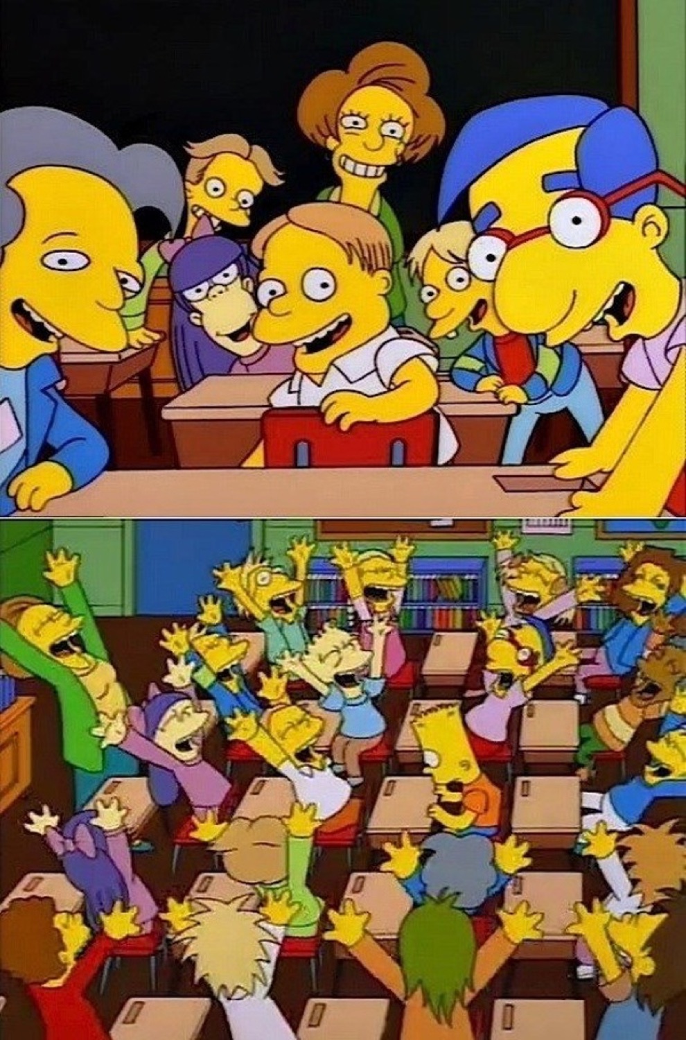 Simpsons classroom erupting into cheers, every kid throwing their arms up in a frenzy