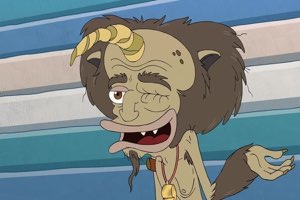 Cartoon hormone monster winking and shrugging with a sly, knowing grin