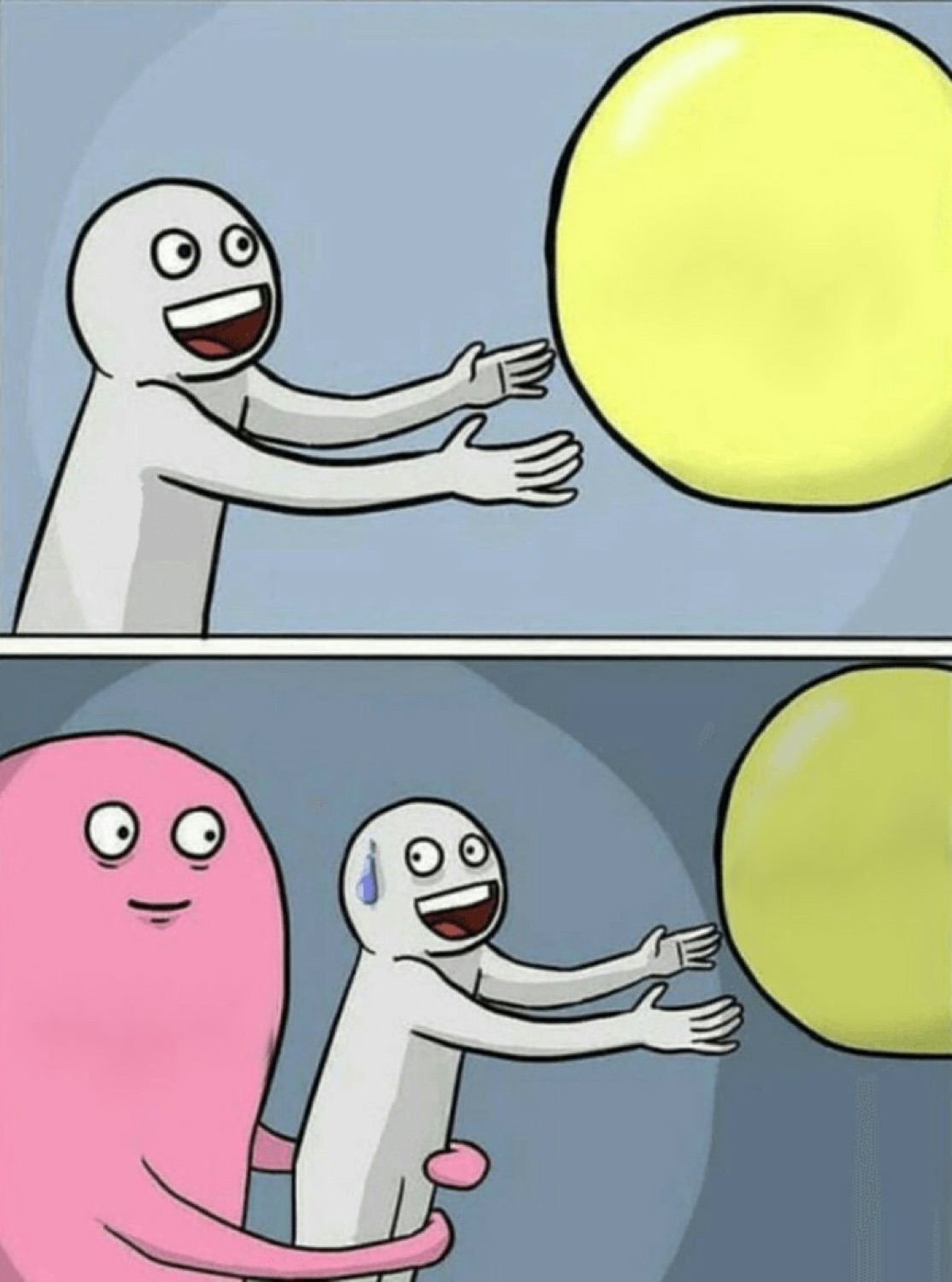Two-panel cartoon: stick figure happily grabbing a balloon, then getting awkwardly hugged by a pink blob