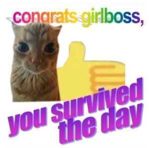 Cat next to a giant thumbs-up: 'congrats girlboss, you survived the day'