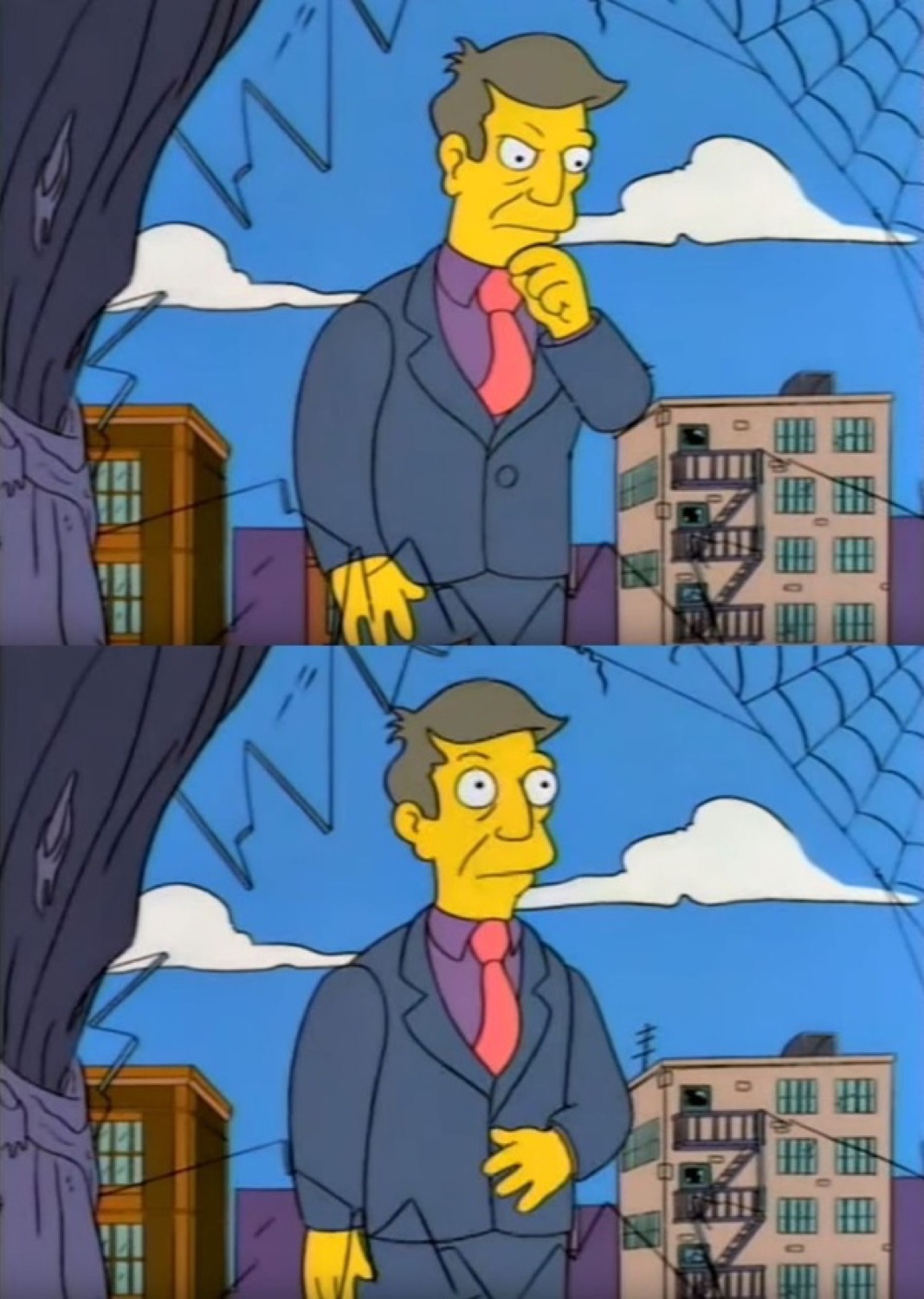 Principal Skinner from The Simpsons shown in two panels, lost in thought then nervous
