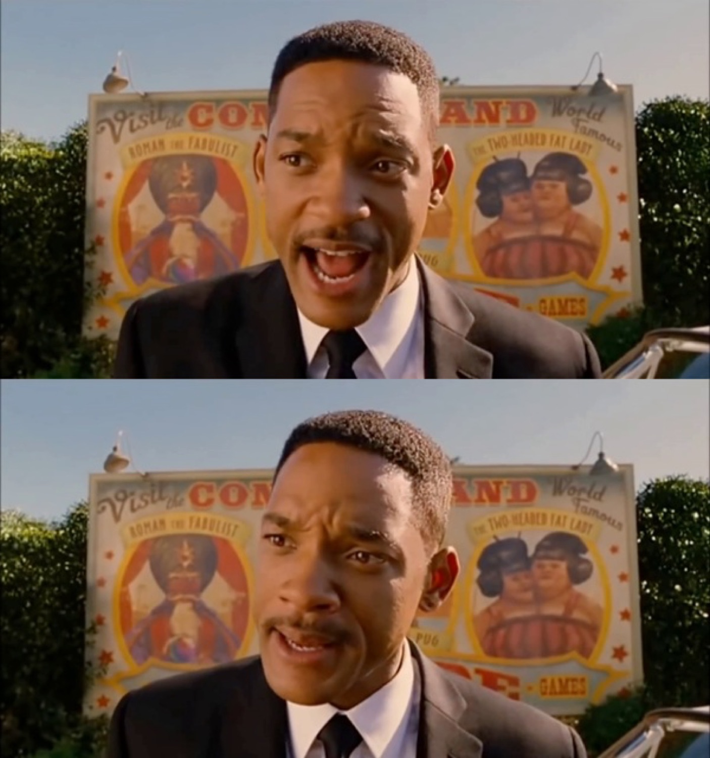 Will Smith in a suit going from talking to a confused, unimpressed squint