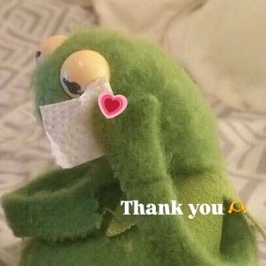Kermit holding a tissue with a heart: 'Thank you'